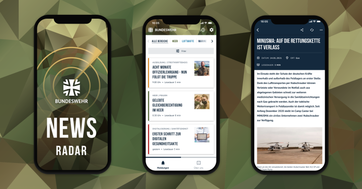 Smartphone-Screens, with the Bundeswehr News Radar App