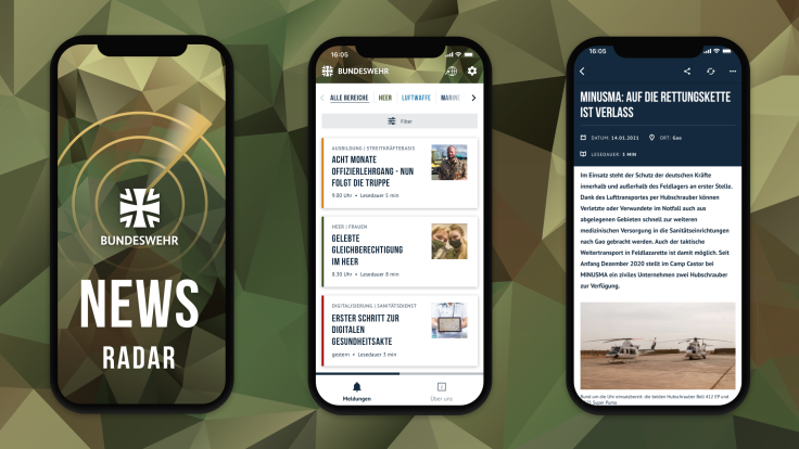 Smartphone-Screens, with the Bundeswehr News Radar App