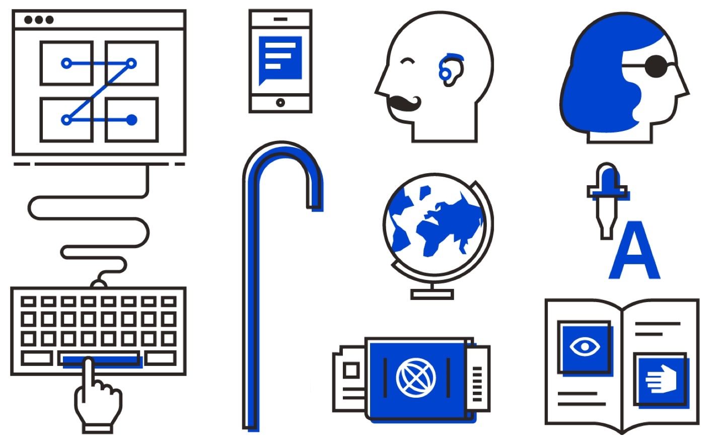 Diverse Icons: Computer, Tastatur, Globus, Krückstock