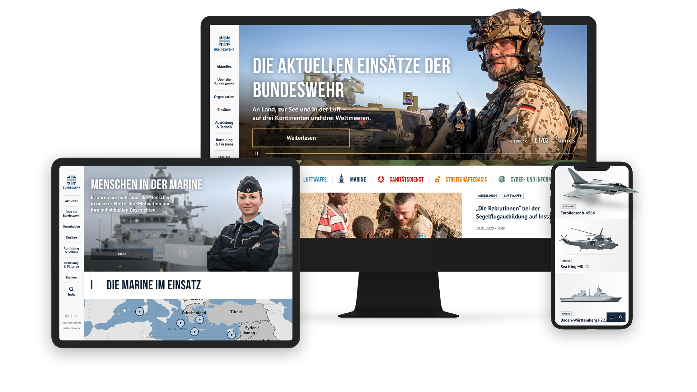 Tablet-Screen, Desktop-Screen und Smartphone-Screen mit der Website der Bundeswehr