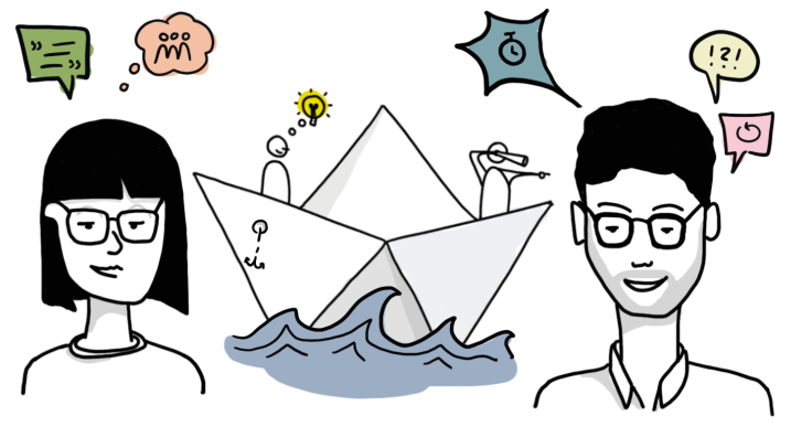 Illustration von einer Frau und einem Mann, Zwischen ihnen ist ein Papierschiffchen 