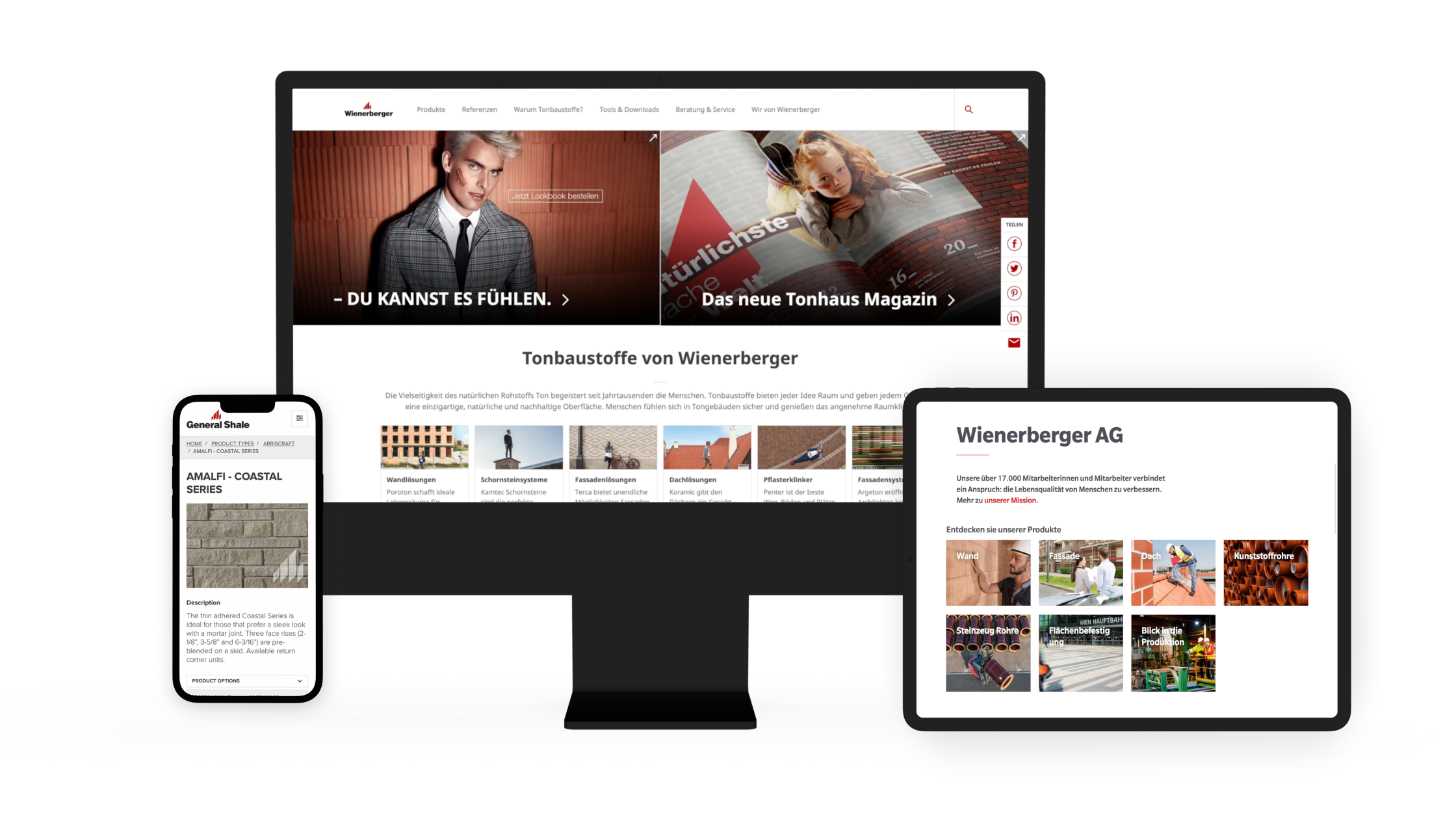 Smartphone-, Desktop- und Tablet-Screen mit Wienerberger Website