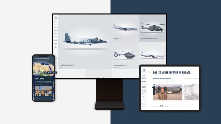Smartphone, desktop and tablet screen with different subpages of the Bundeswehr website