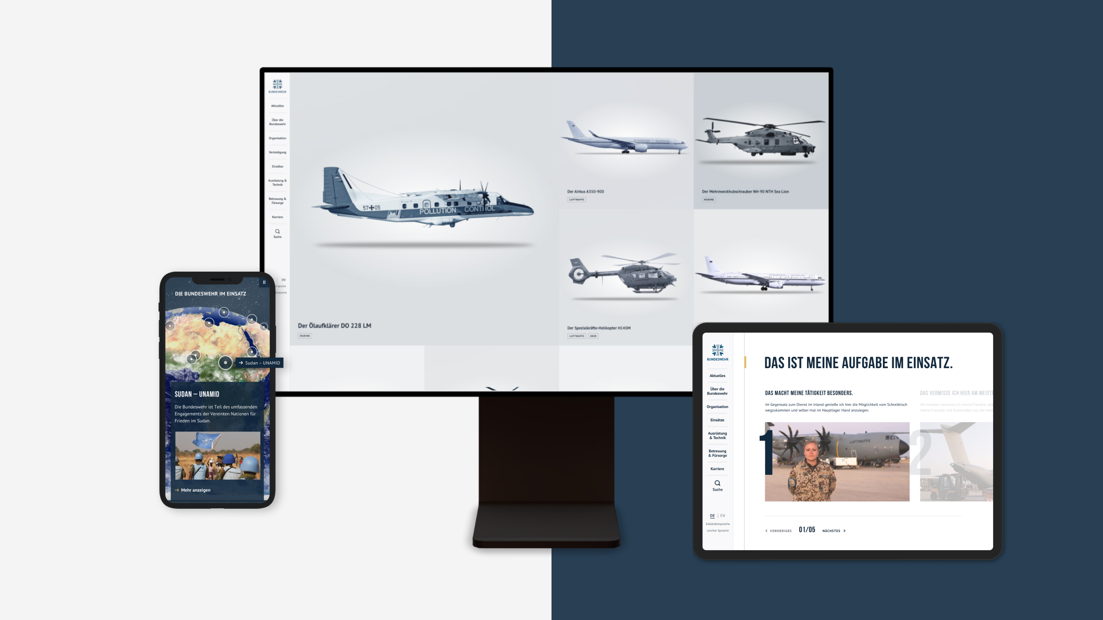 Smartphone-, Desktop- und Tablet-Screen mit Bundeswehr Website, verschiedene Unterseiten
