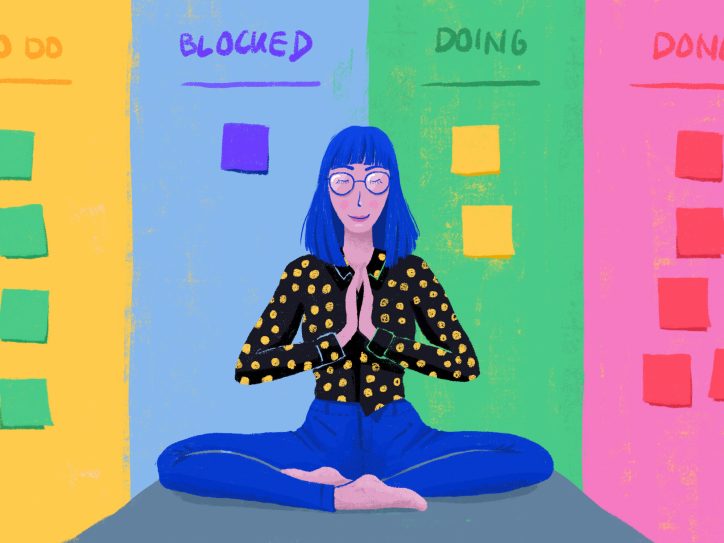 Eine Illustration von einer Frau im Schneideritz sitzend vor einer Post-It Wand