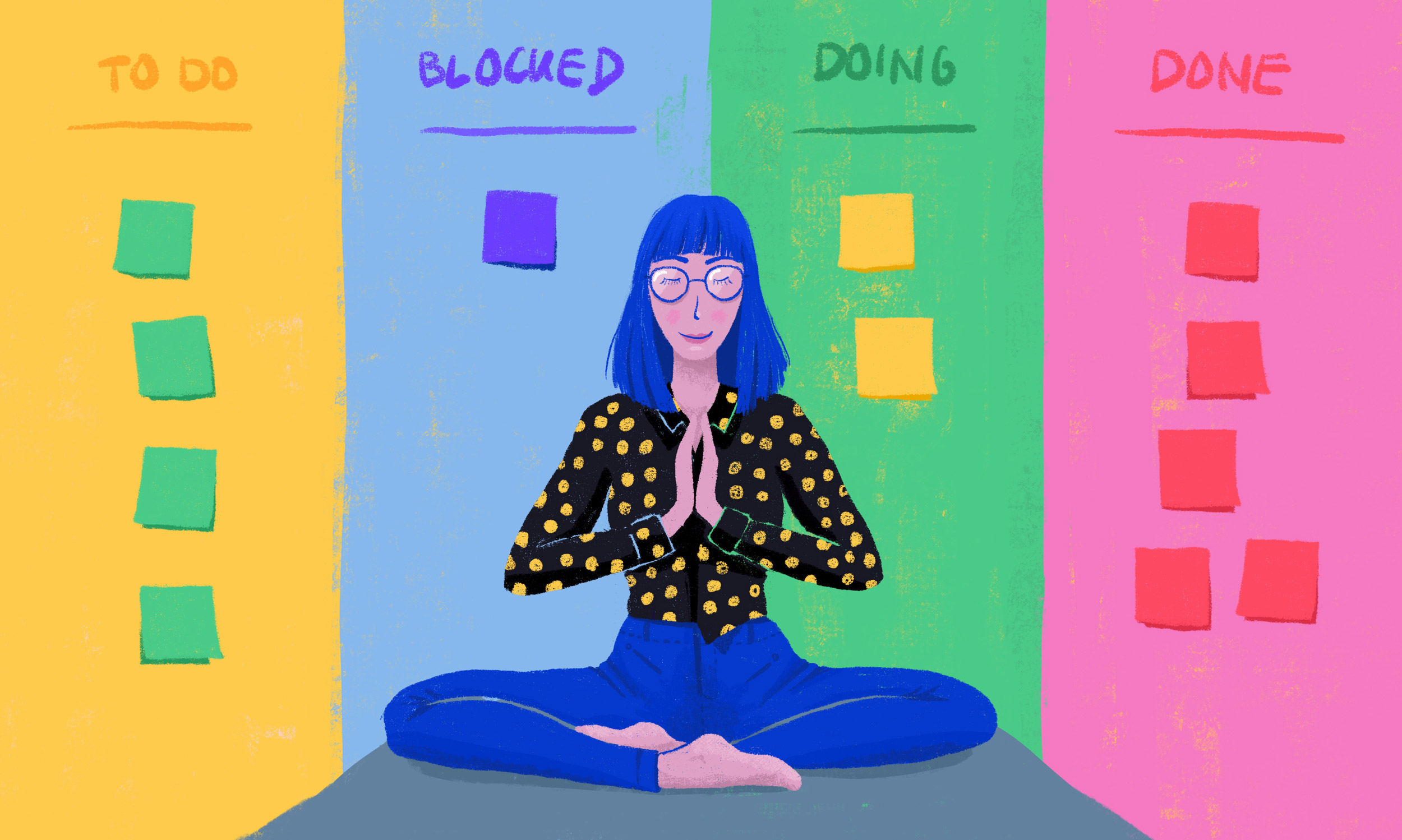 Eine Illustration von einer Frau im Schneideritz sitzend vor einer Post-It Wand