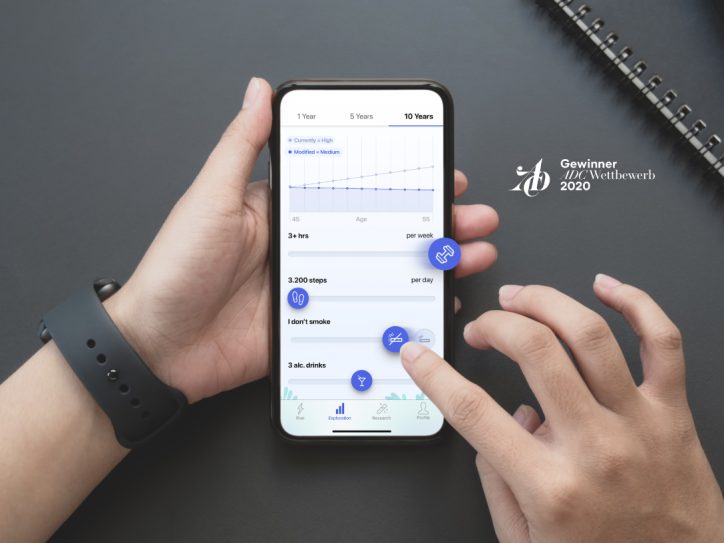 Smartphone held in hand with the HealthAdvisor app opened