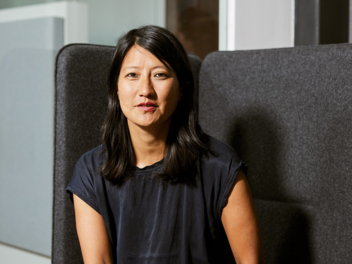 An employee sits in the office