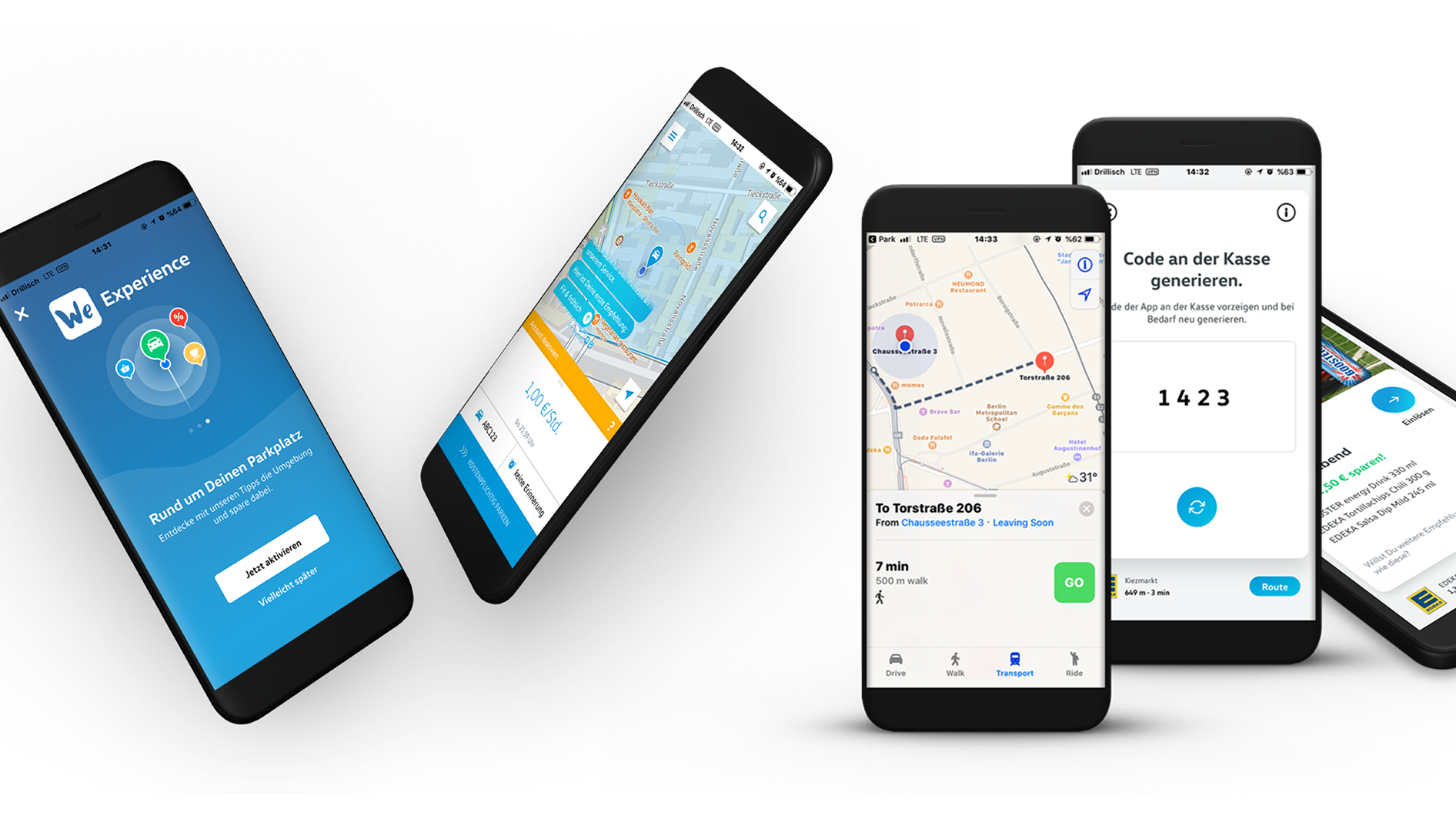 Verschiedene Smartphone Ansichten mit der geöffneten VW we App