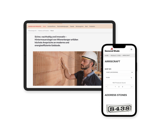 Tablet- und Smartphone Screen mit Wienerberger Website, Unterseite Marken und Produkte