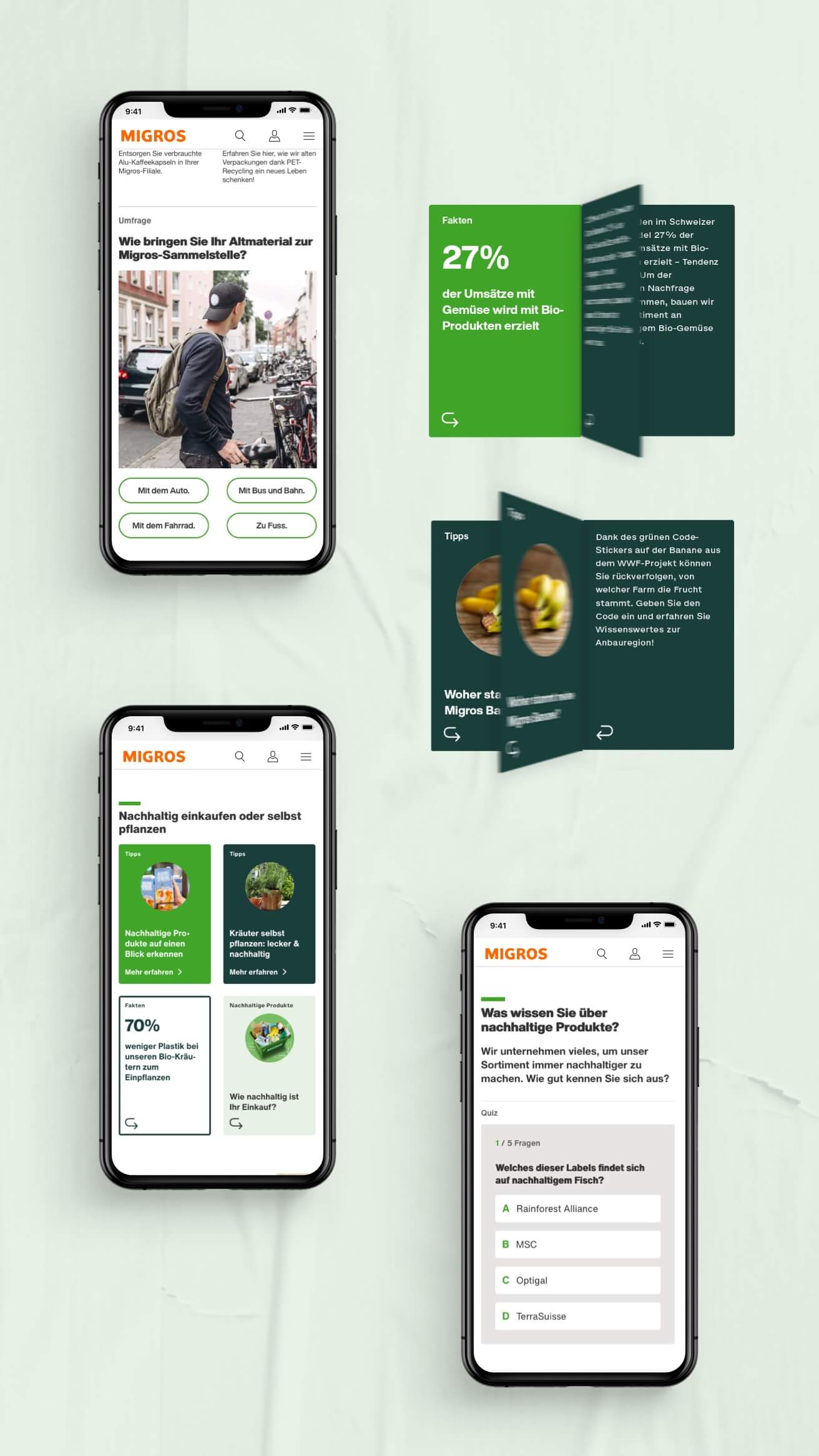 Teaser des Migros Nachhaltigkeits Hub gezeigt auf verschiedenen Smartphone-Screens