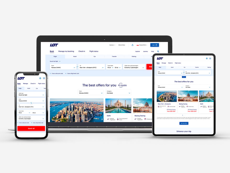 Design von einem Smartphone, Laptop und Tablett. Bei allen 3 Geräten wird die LOT Website gezeigt
