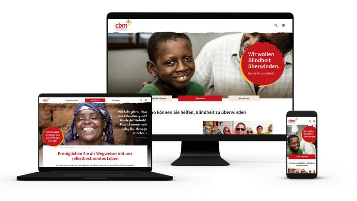 Tablet, desktop and smartphone screen with the website of the Christian Blind Mission