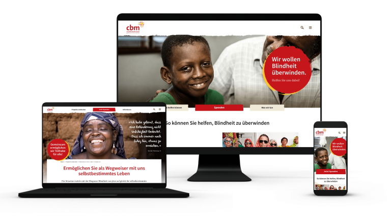 Tablet, desktop and smartphone screen with the website of the Christian Blind Mission