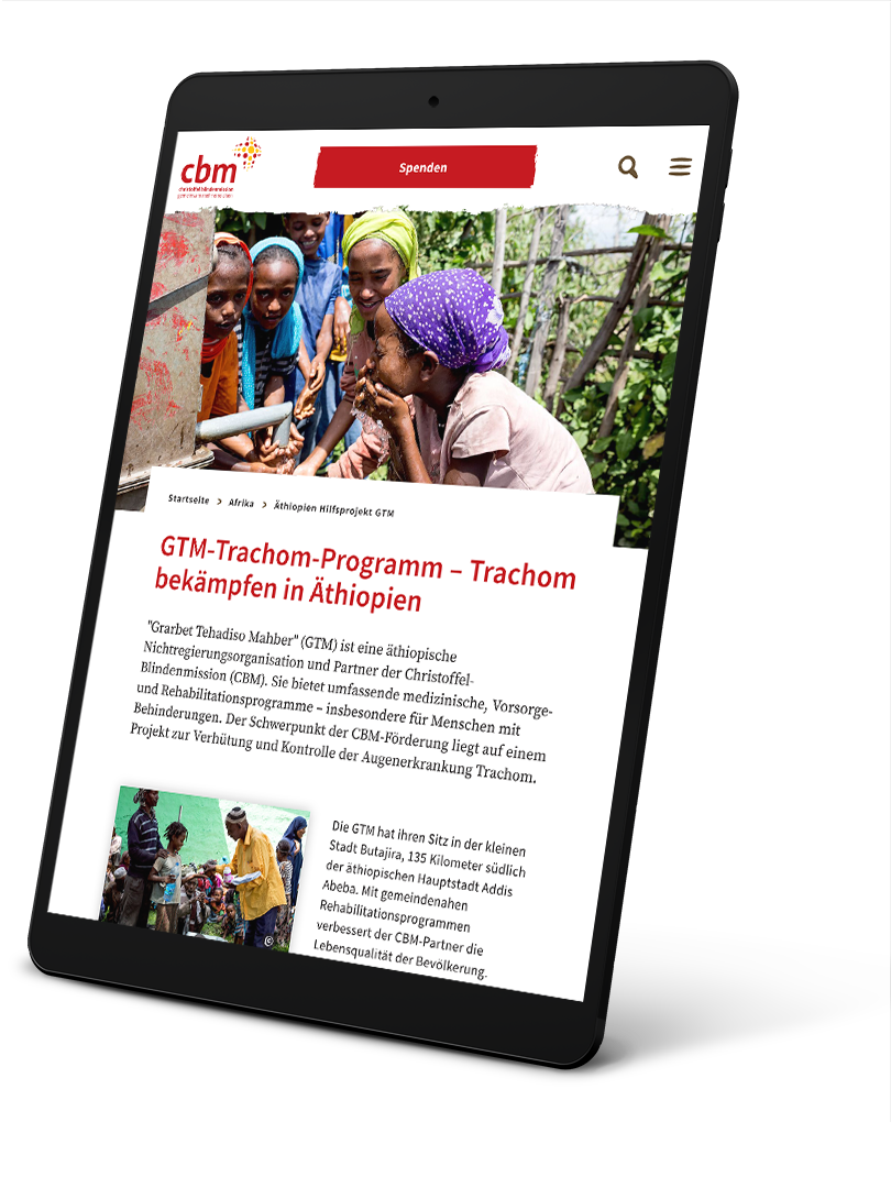 Tablet-Screen mit der Website der Christoffel-Blindenmission