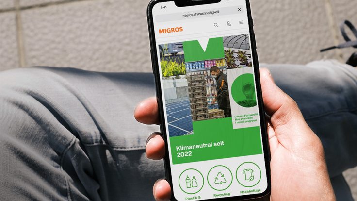 Smartphone screen with teaser of the Migros sustainability hub