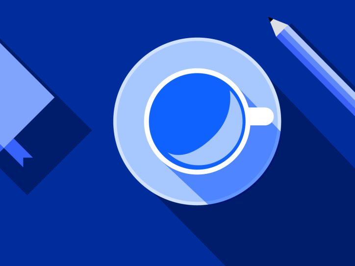 Blaue Illustration mit einem Notizblock, Tasse und Stift
