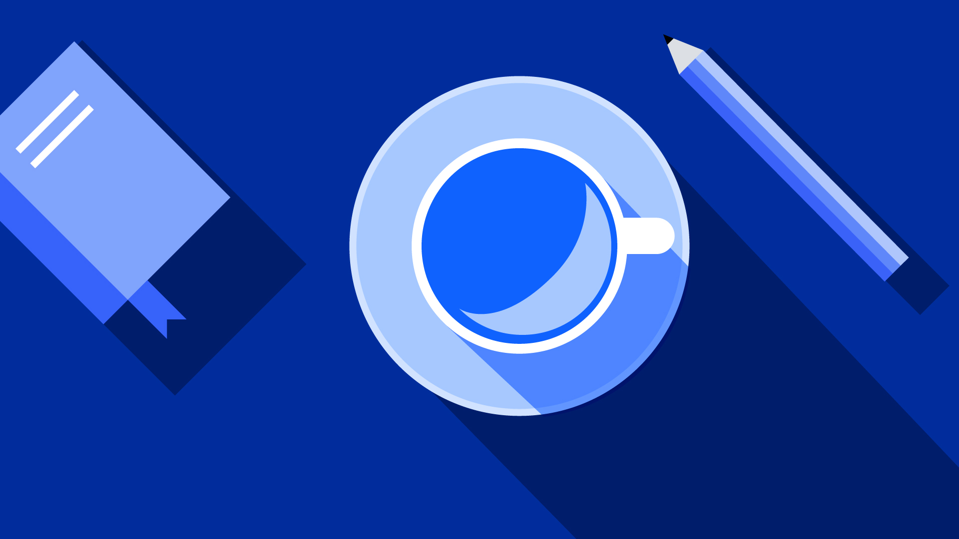 Blaue Illustration mit einem Notizblock, Tasse und Stift