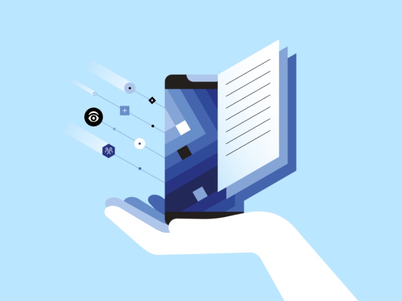 Illustration with a hand holding a smaartphone with a blue backround