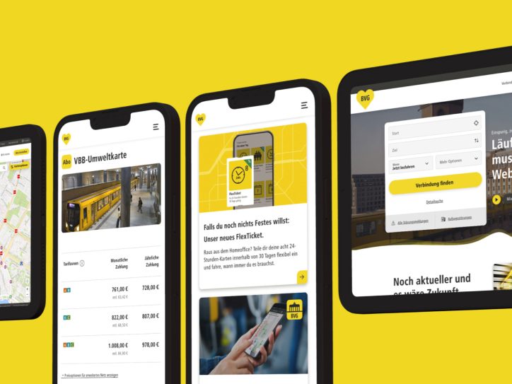 Various screens displaying different BVG website content.