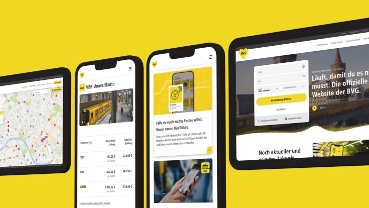 Various screens displaying different BVG website content.