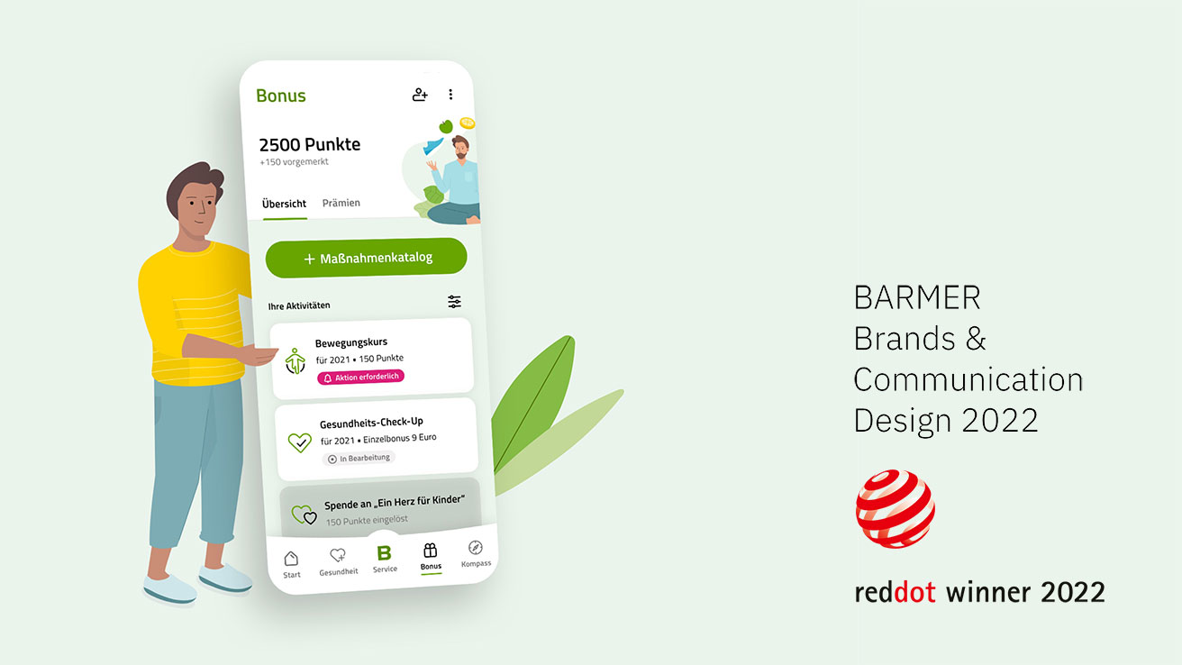 Barmer App Illustration mit dem Ret Dot Winner Logo