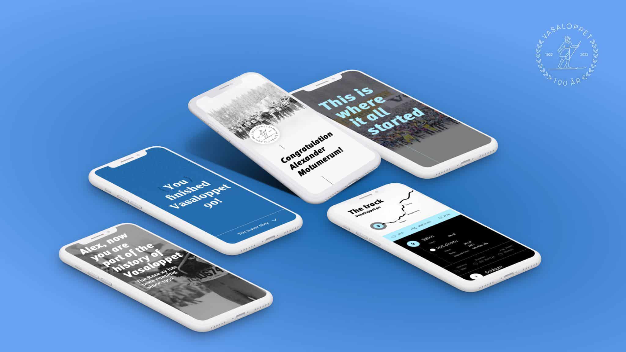 Mehrere Smartphones, die die Vasaloppet Microsite zeigen