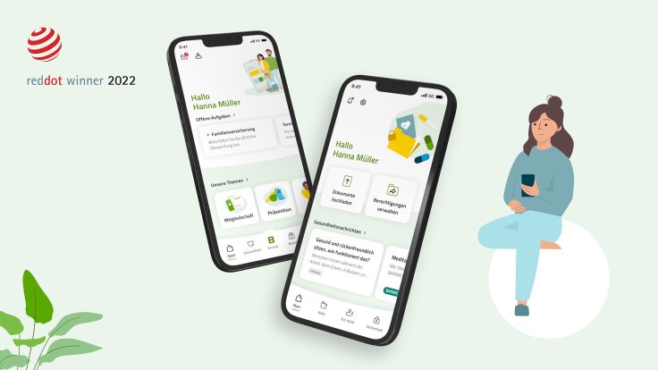 Illustration with two smartphones showing the BARMER app with red dot winner logo 2022