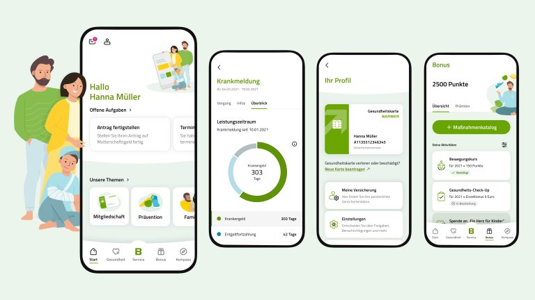 Smartphone screens show various services of the BARMER app