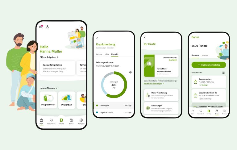 Smartphone screens show various services of the BARMER app