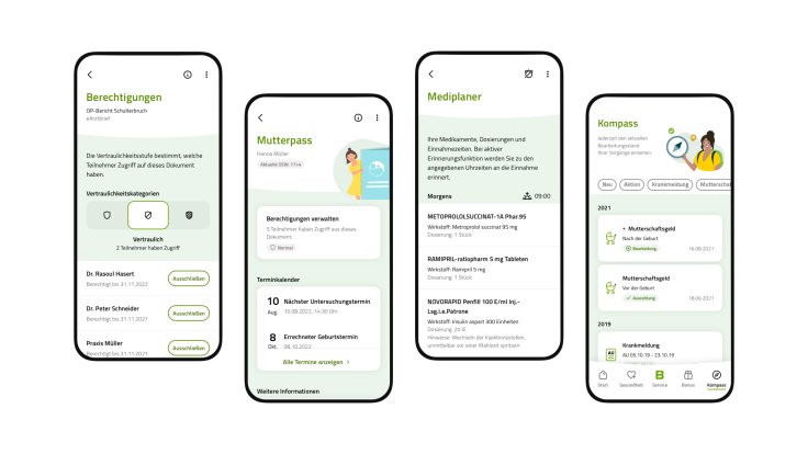 Smartphone screens show various services of the BARMER app, like maternity passport, etc.