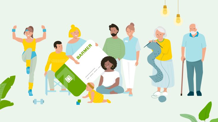 Illustration of different people of different ages holding a large BARMER health card