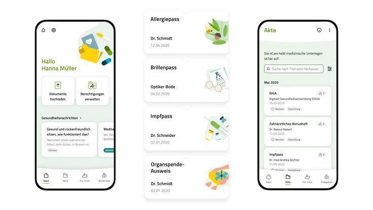 Smartphone screens show various services of the BARMER app like passport management, etc.