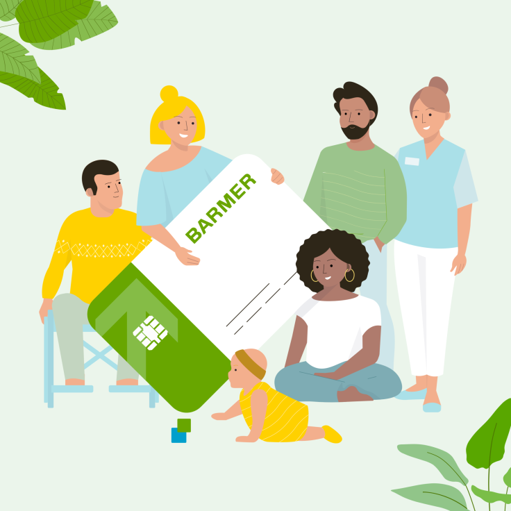 Illustration of different people of different ages holding a large BARMER health card