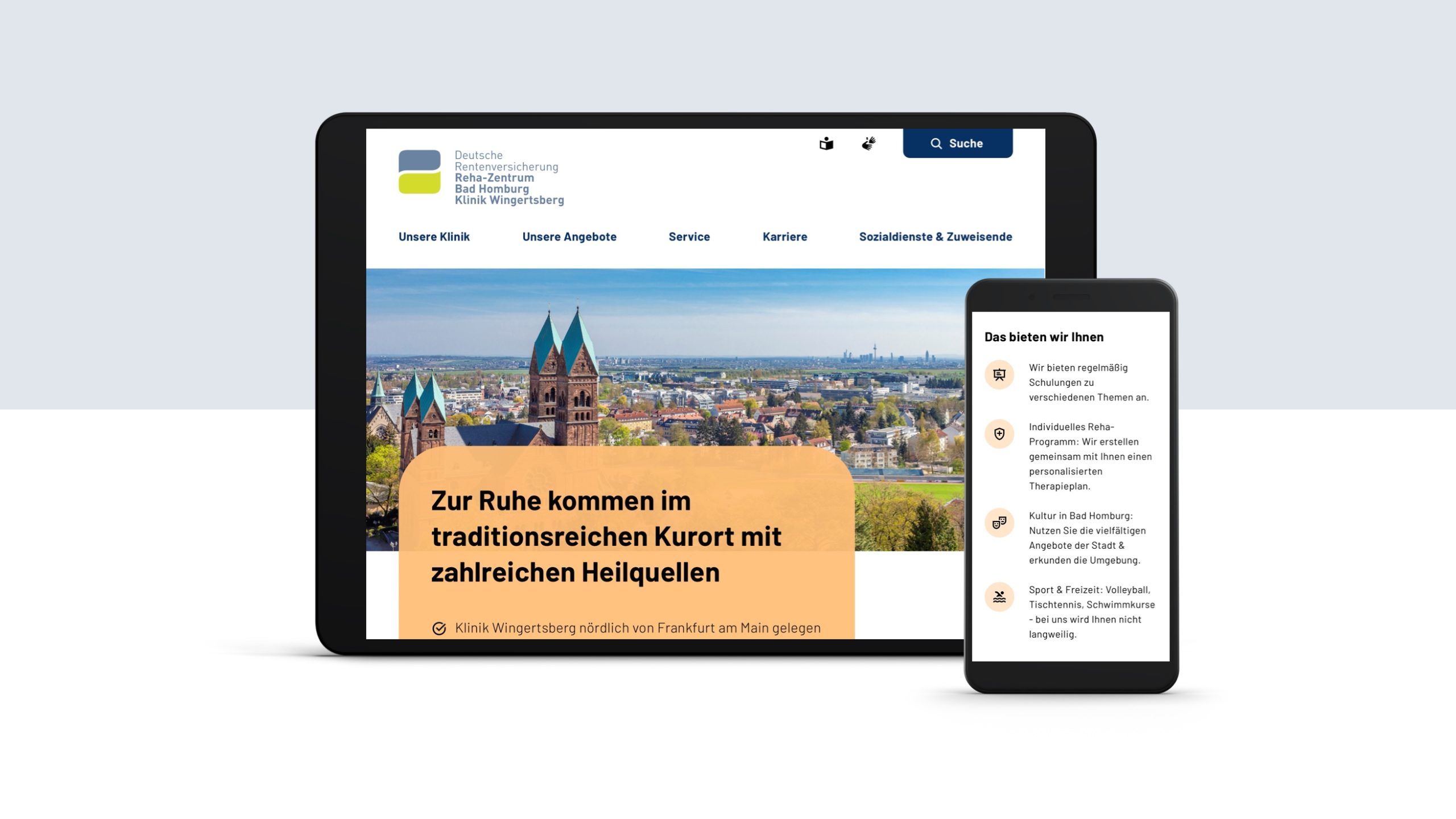 Ausschnitte der DRV Reha Kliniken Website auf einem Tablet und Smartphone