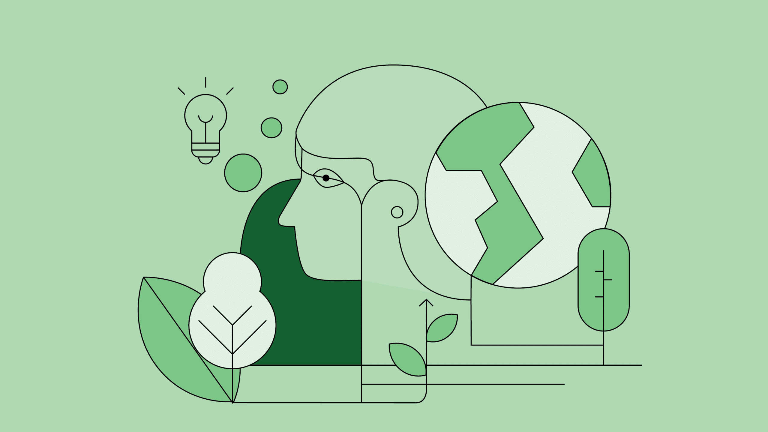 Illustration von einer Glühbirne, Blättern, Weltkugel und Mensch auf grünem Hintergrund