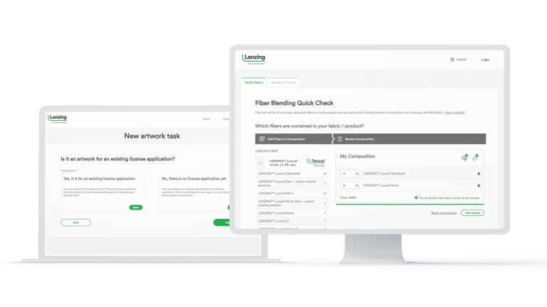 Two screens showing detailed functions of the Lenzing website.
