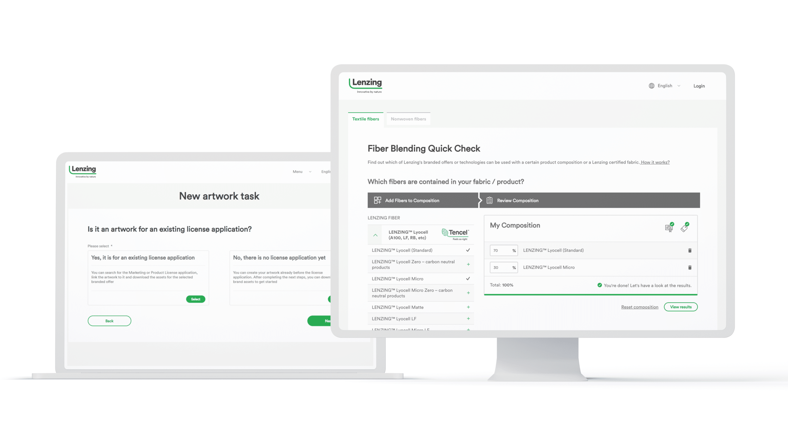 Two screens showing detailed functions of the Lenzing website.