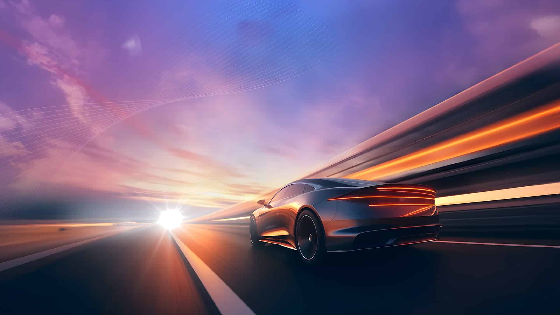Back view of futuristic looking car on expressway driving towards sunset. Subdued background tones in purple and orange shades.
