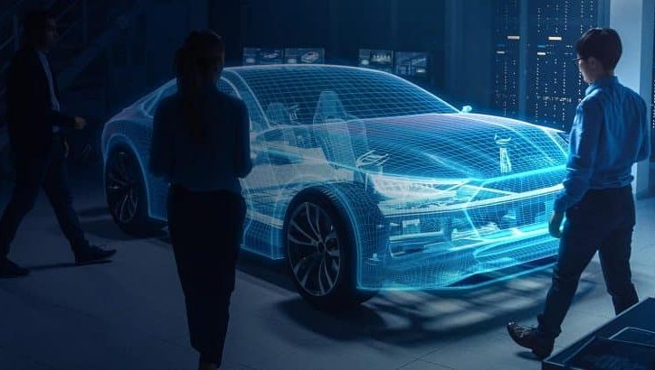Workers from the automotive industry stand around a vehicle that is virtually animated with bluish lines of light.