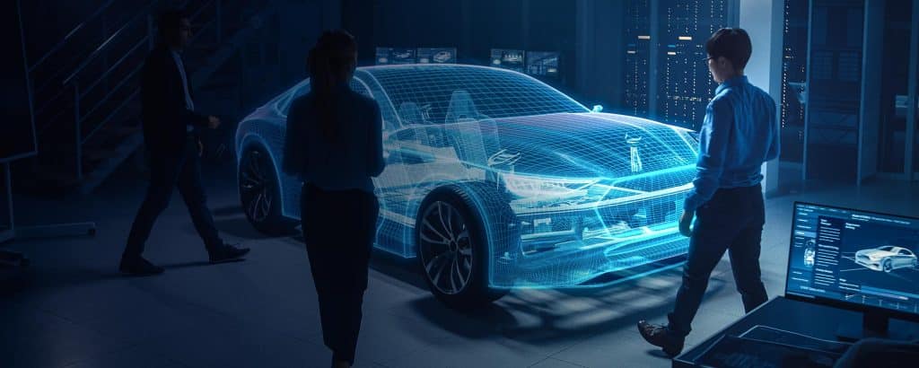 Workers from the automotive industry stand around a vehicle that is virtually animated with bluish lines of light.