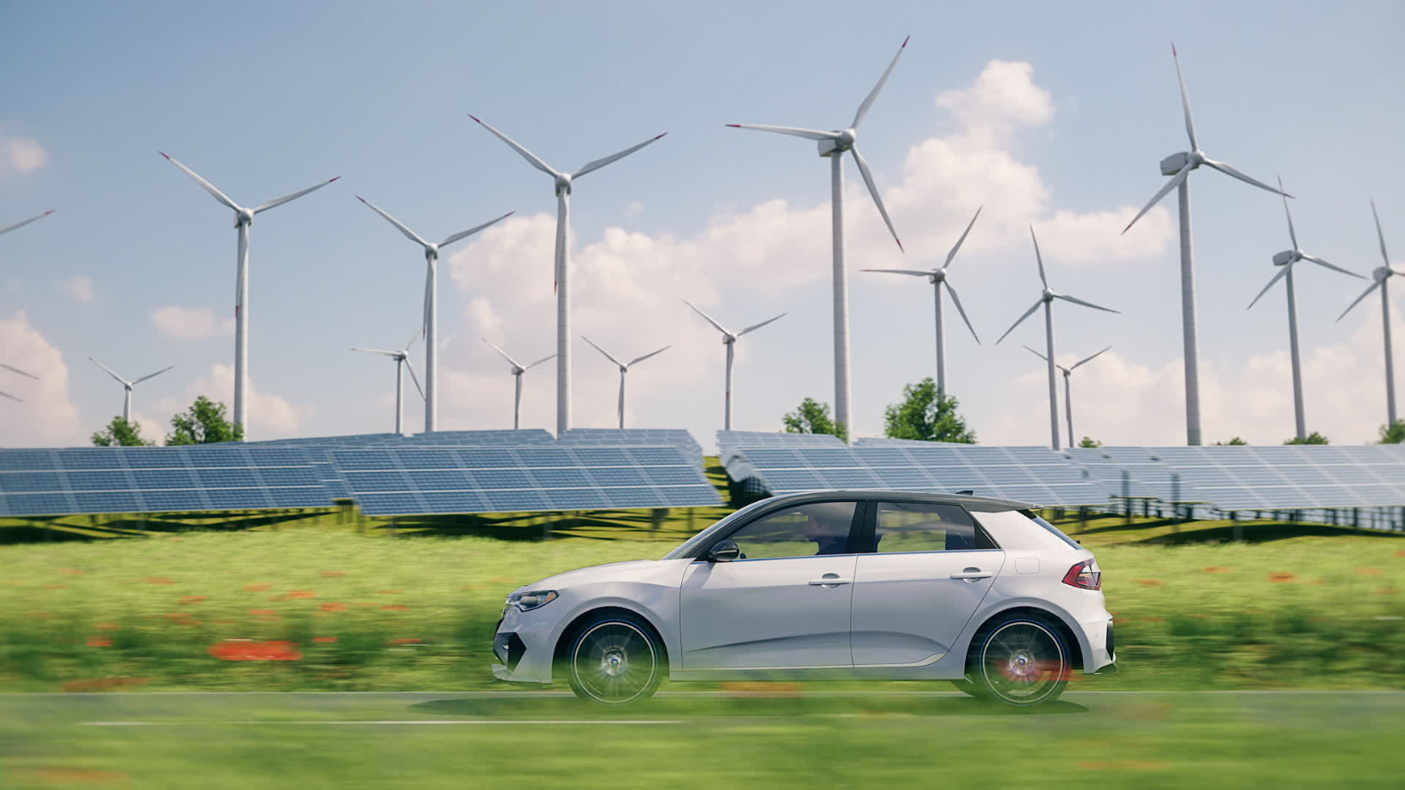 An electric car drives alongside wind turbines and solar panels, embodying sustainability and renewable energy in motion.
