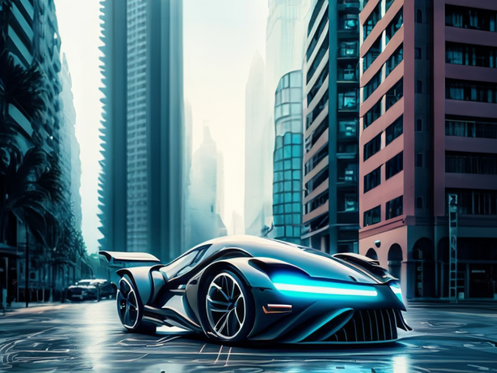 A futuristic car cruising through a cityscape, representing the integration of advanced technology in urban mobility.
