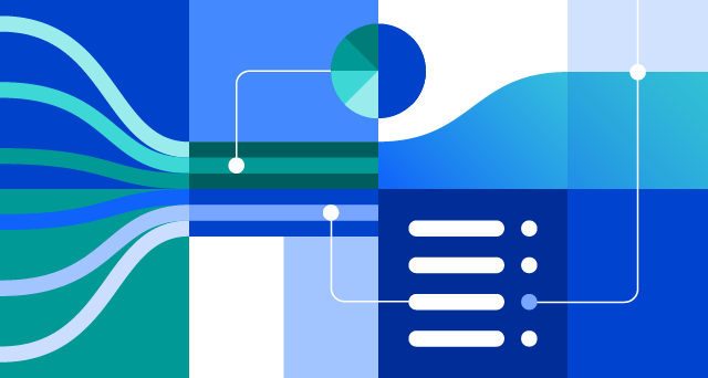 Abstract blue shapes and arrows symbolizing digital transformation and innovation.