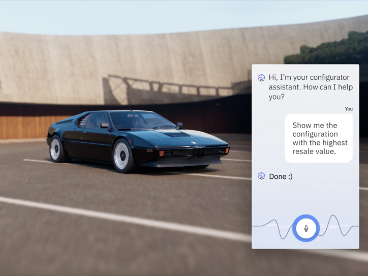 A sleek sports car parked in an open area, with a virtual assistant interface overlay showing a conversation about selecting the configuration with the highest resale value.