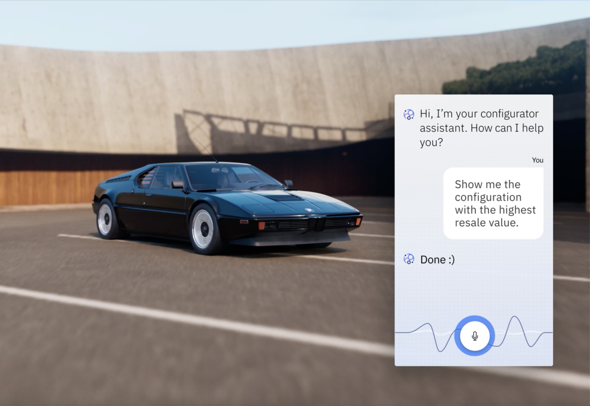 A sleek sports car parked in an open area, with a virtual assistant interface overlay showing a conversation about selecting the configuration with the highest resale value.