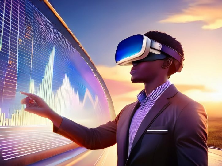 A person wearing a virtual reality headset, interacting with a digital interface displaying financial data and graphs in a futuristic setting, with a vibrant sunset in the background.