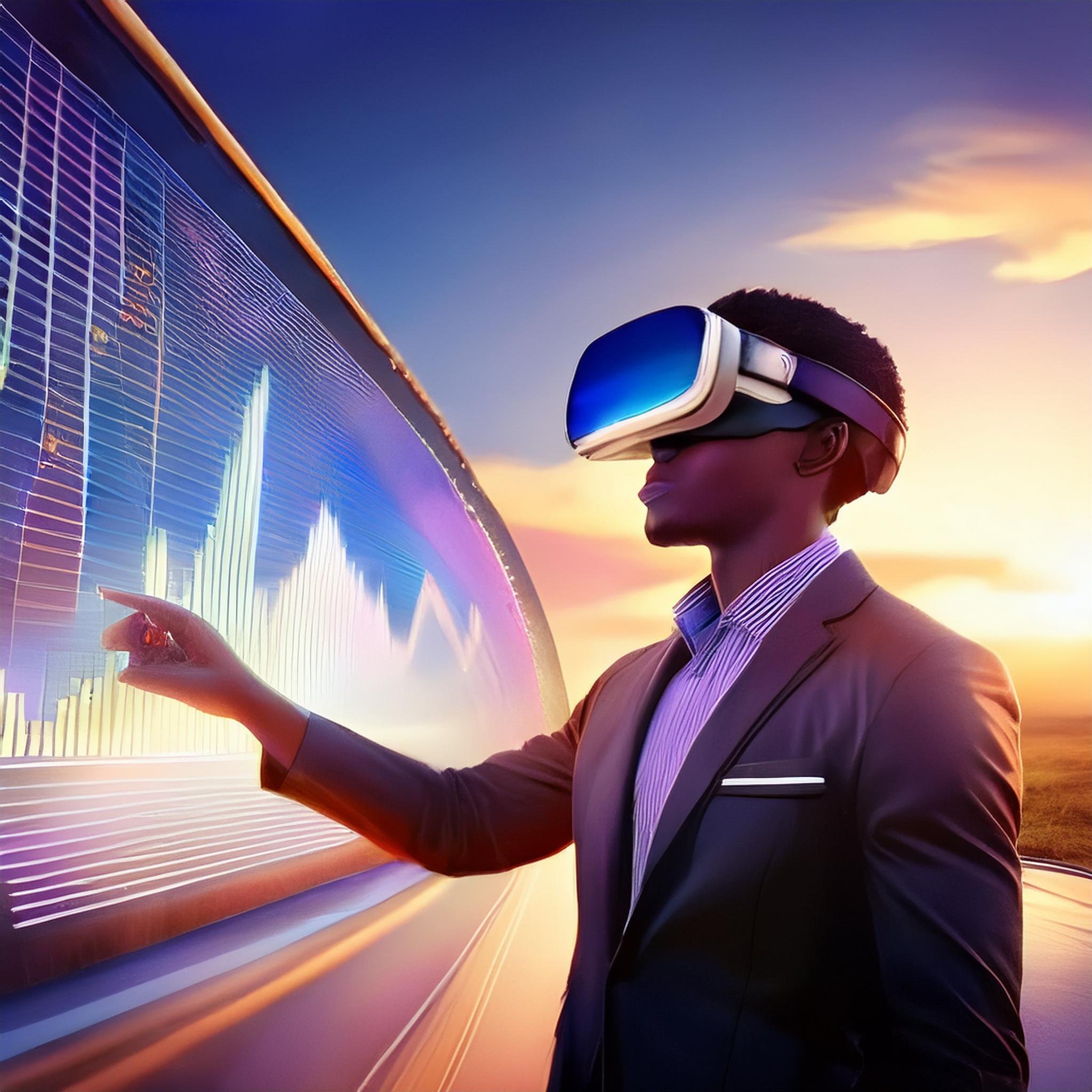 A person wearing a virtual reality headset, interacting with a digital interface displaying financial data and graphs in a futuristic setting, with a vibrant sunset in the background.