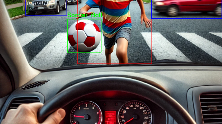View from inside a car approaching a pedestrian crossing, where a child is running across the street chasing a soccer ball. The scene includes AI object detection boxes identifying the child, the ball, and nearby vehicles.
