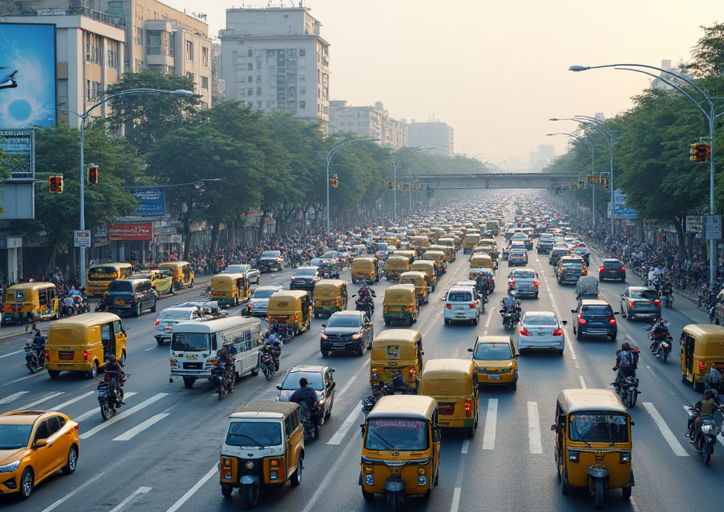 A busy urban street with heavy traffic, including numerous yellow auto-rickshaws and motorcycles, surrounded by tall buildings and trees in the background.